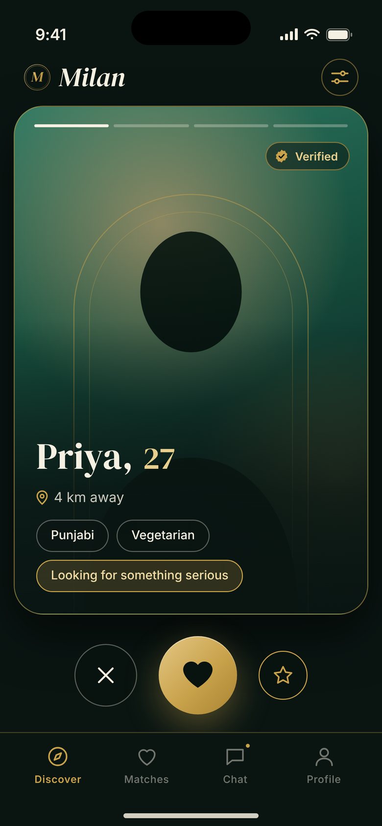 Milan swipe screen showing a verified profile card with pass, like and super-like buttons